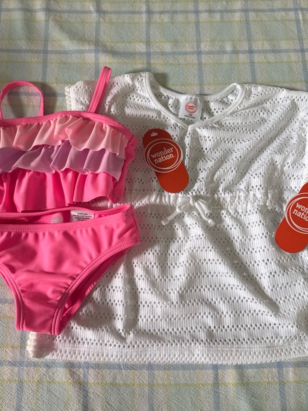 Wonder Nation Pink Ruffle Girls' Bikini Set with White Eyelet Cover-Up